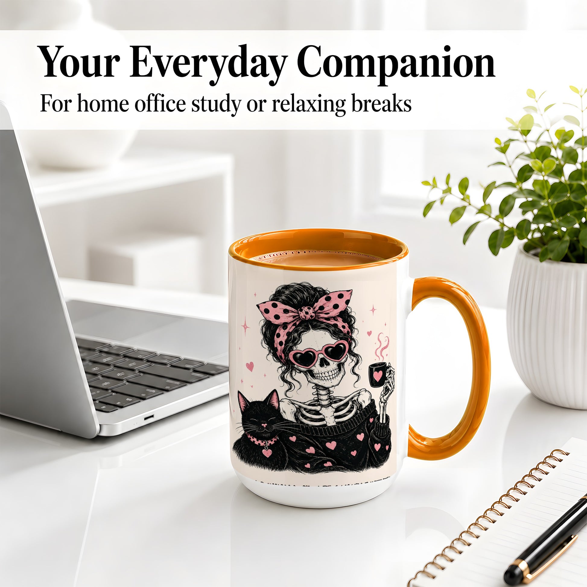#pl[15oz|Orange] Pink Skeleton Cat Ceramic Mug, Heart Glasses Coffee Artwork
