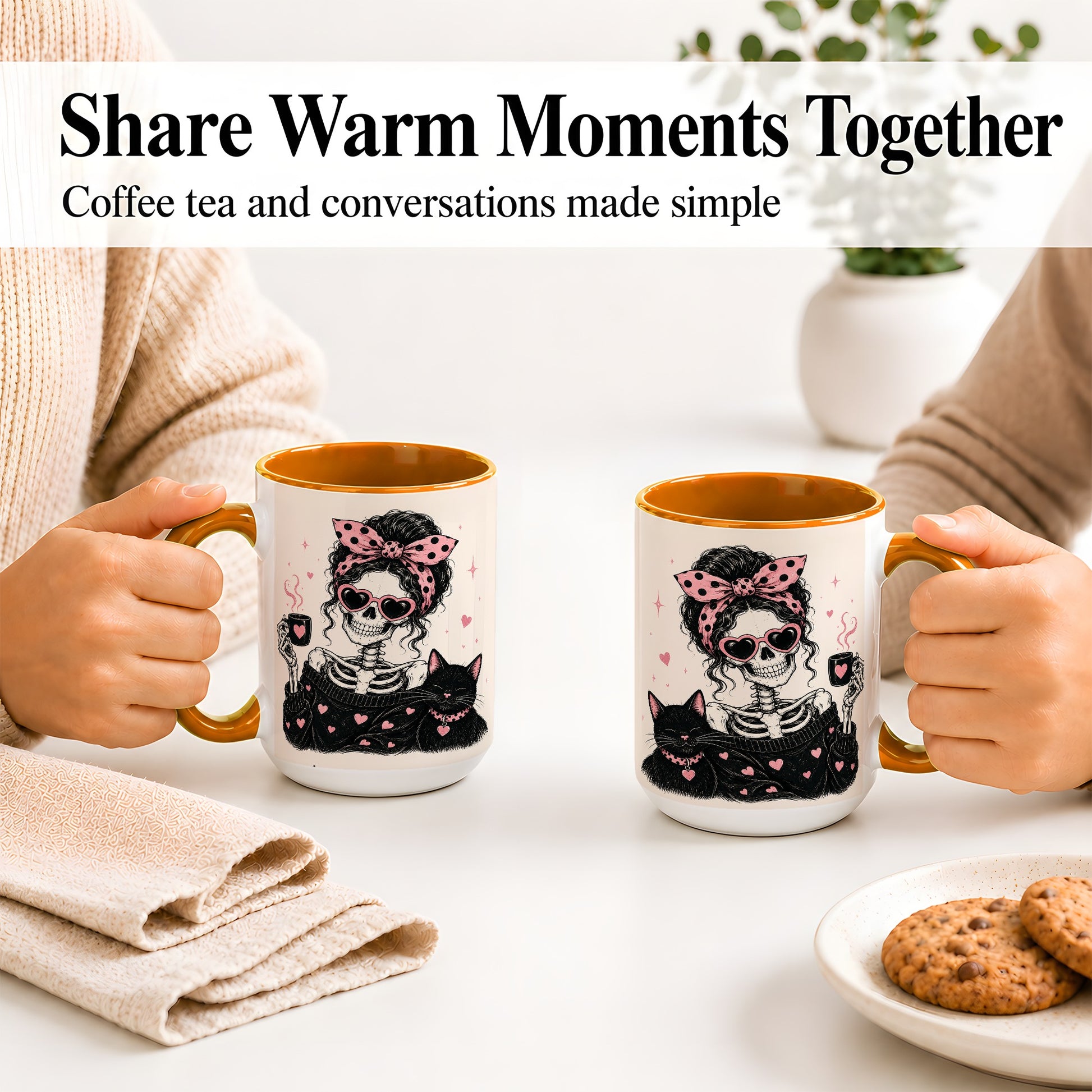 #pl[15oz|Orange] Pink Skeleton Cat Ceramic Mug, Heart Glasses Coffee Artwork