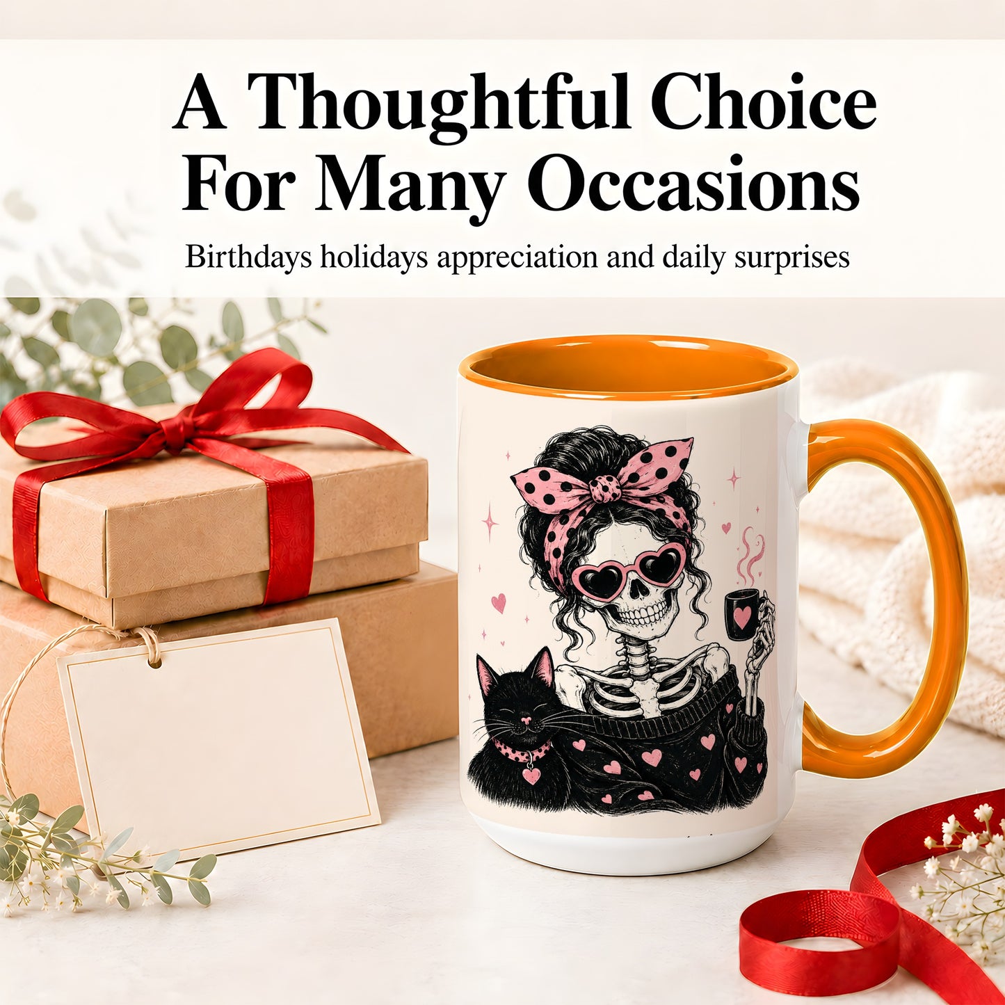 #pl[15oz|Orange] Pink Skeleton Cat Ceramic Mug, Heart Glasses Coffee Artwork