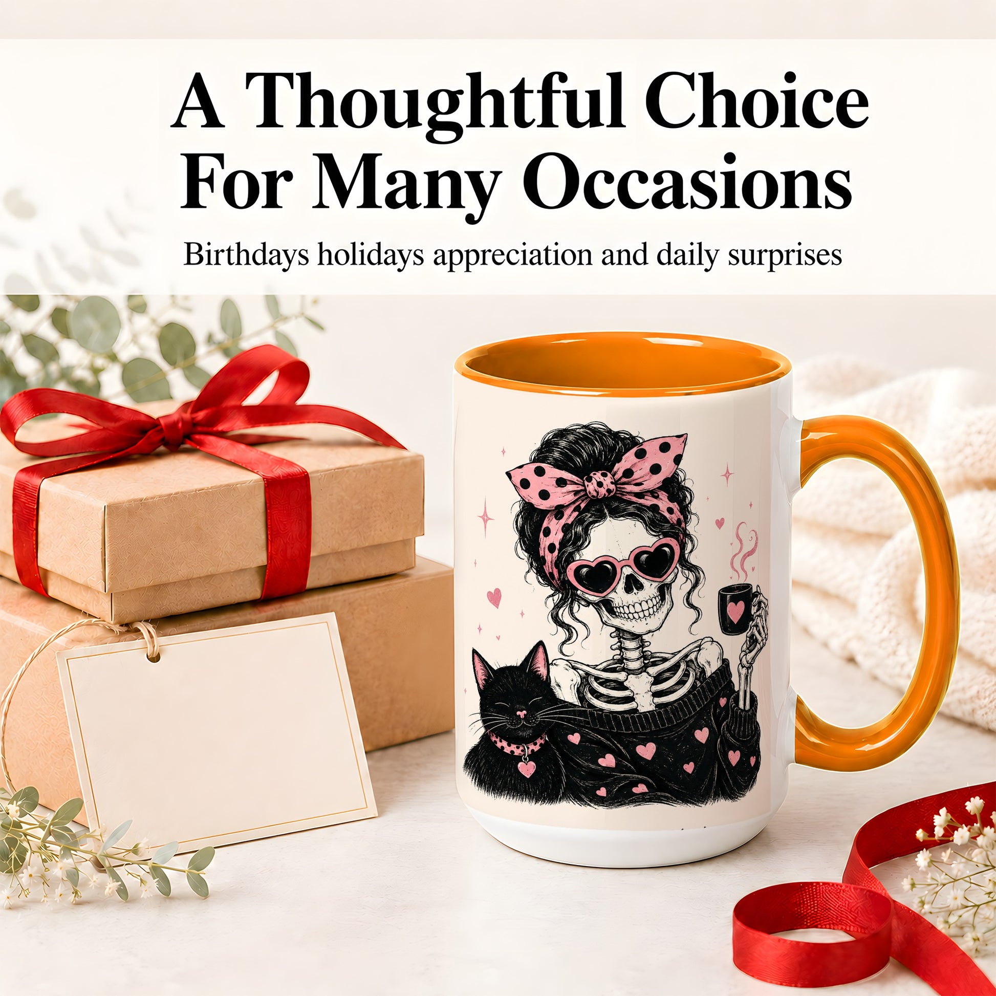#pl[15oz|Orange] Pink Skeleton Cat Ceramic Mug, Heart Glasses Coffee Artwork