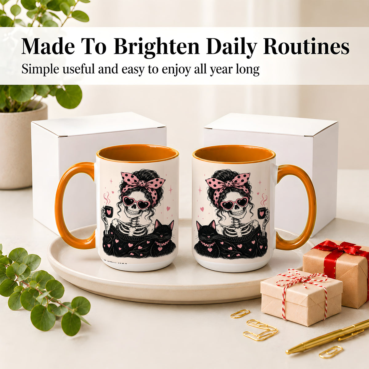 #pl[15oz|Orange] Pink Skeleton Cat Ceramic Mug, Heart Glasses Coffee Artwork