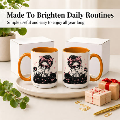 #pl[15oz|Orange] Pink Skeleton Cat Ceramic Mug, Heart Glasses Coffee Artwork