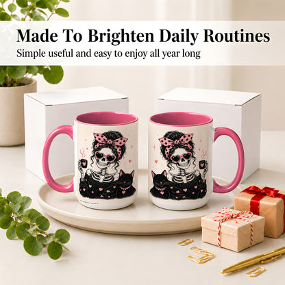 #pl[15oz|Pink] Pink Skeleton Cat Ceramic Mug, Heart Glasses Coffee Artwork