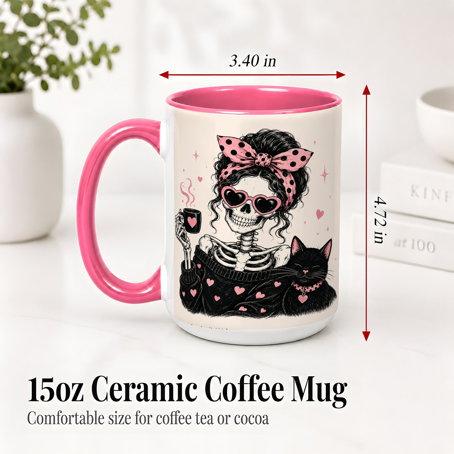 #pl[15oz|Pink] Pink Skeleton Cat Ceramic Mug, Heart Glasses Coffee Artwork