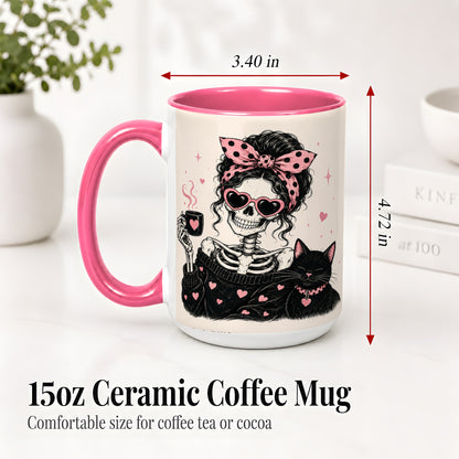 #pl[15oz|Pink] Pink Skeleton Cat Ceramic Mug, Heart Glasses Coffee Artwork
