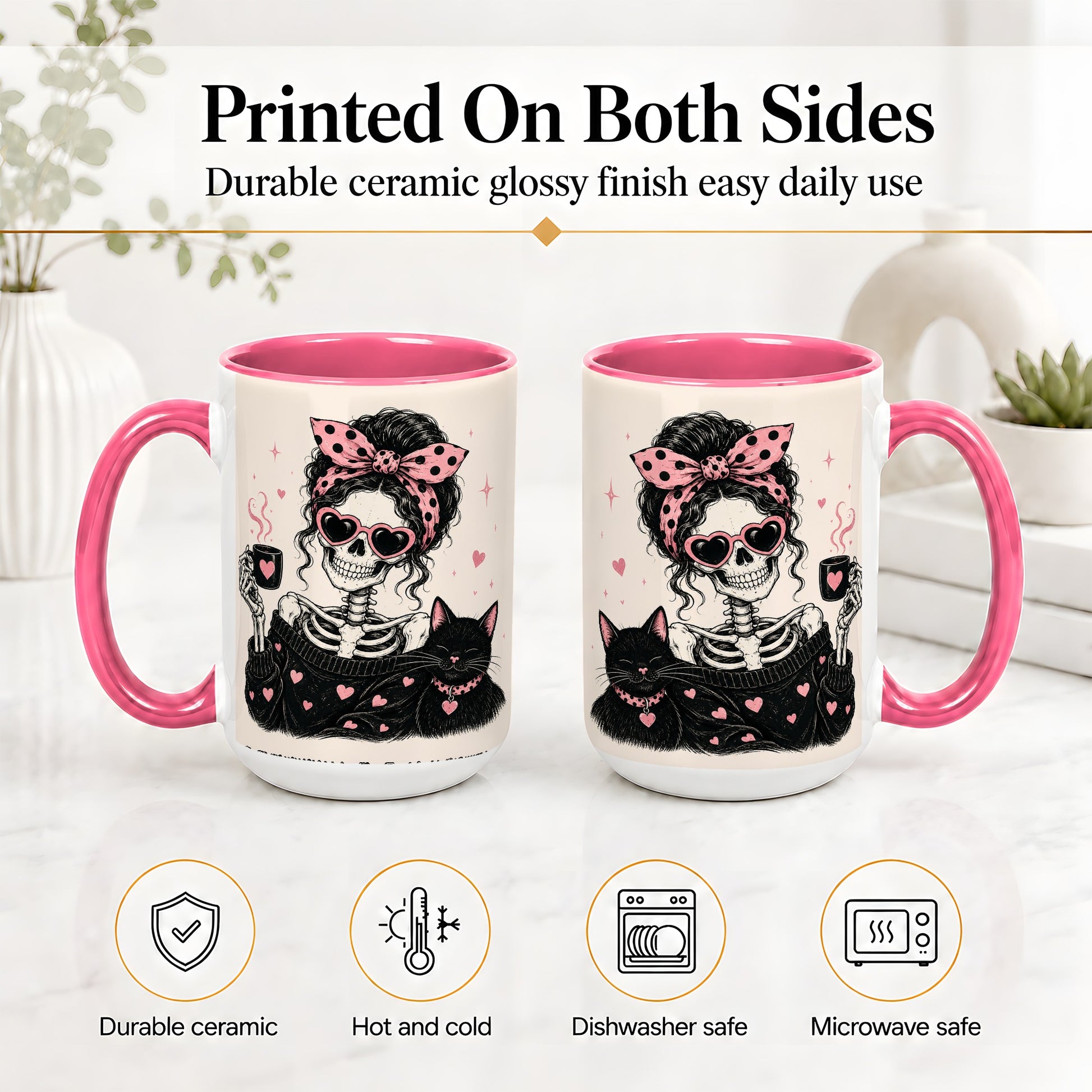#pl[15oz|Pink] Pink Skeleton Cat Ceramic Mug, Heart Glasses Coffee Artwork
