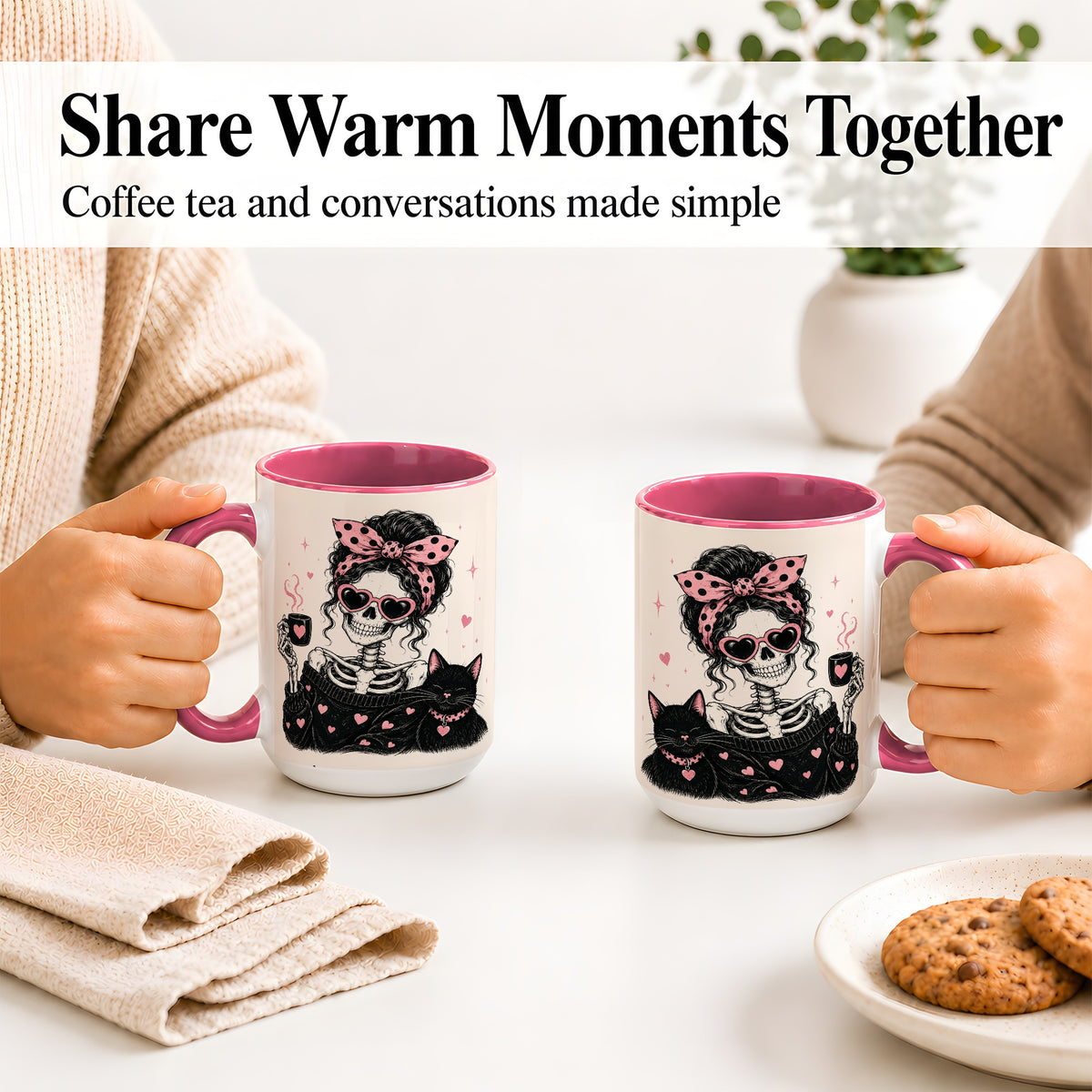 #pl[15oz|Pink] Pink Skeleton Cat Ceramic Mug, Heart Glasses Coffee Artwork