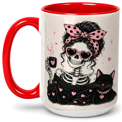 #pl[15oz|Red] Pink Skeleton Cat Ceramic Mug, Heart Glasses Coffee Artwork