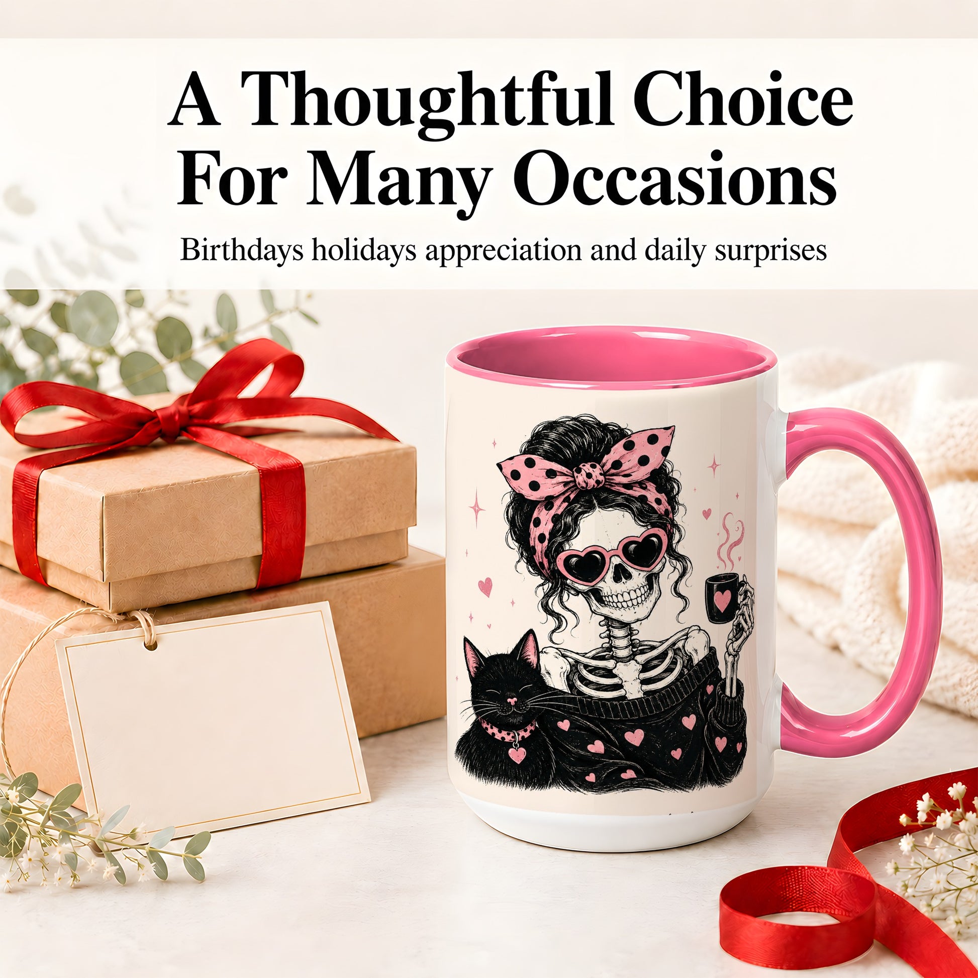 #pl[15oz|Pink] Pink Skeleton Cat Ceramic Mug, Heart Glasses Coffee Artwork