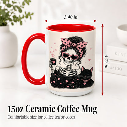 #pl[15oz|Red] Pink Skeleton Cat Ceramic Mug, Heart Glasses Coffee Artwork
