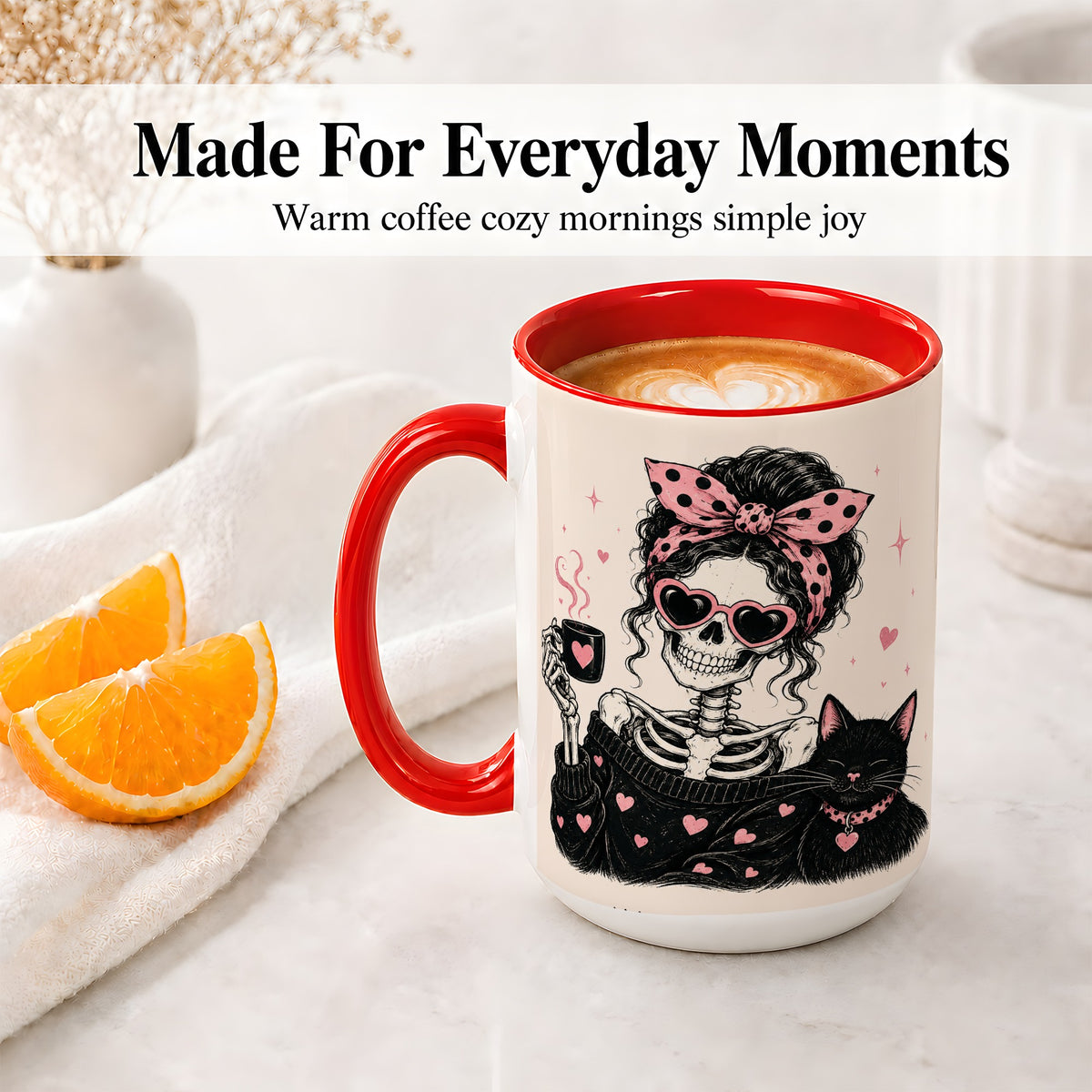 #pl[15oz|Red] Pink Skeleton Cat Ceramic Mug, Heart Glasses Coffee Artwork