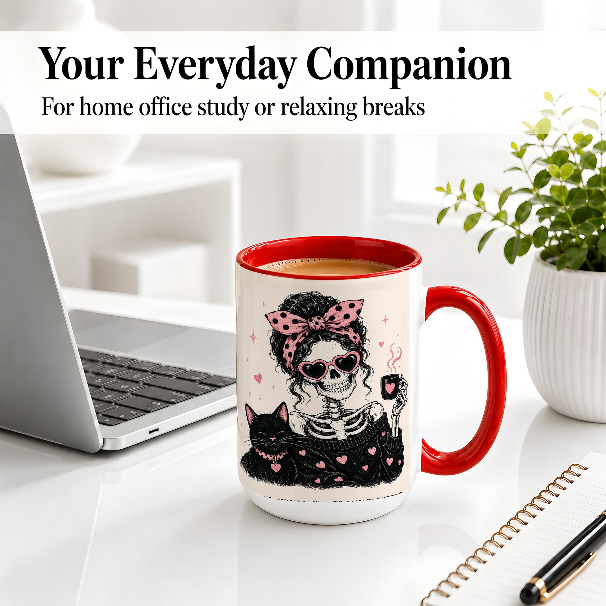 #pl[15oz|Red] Pink Skeleton Cat Ceramic Mug, Heart Glasses Coffee Artwork