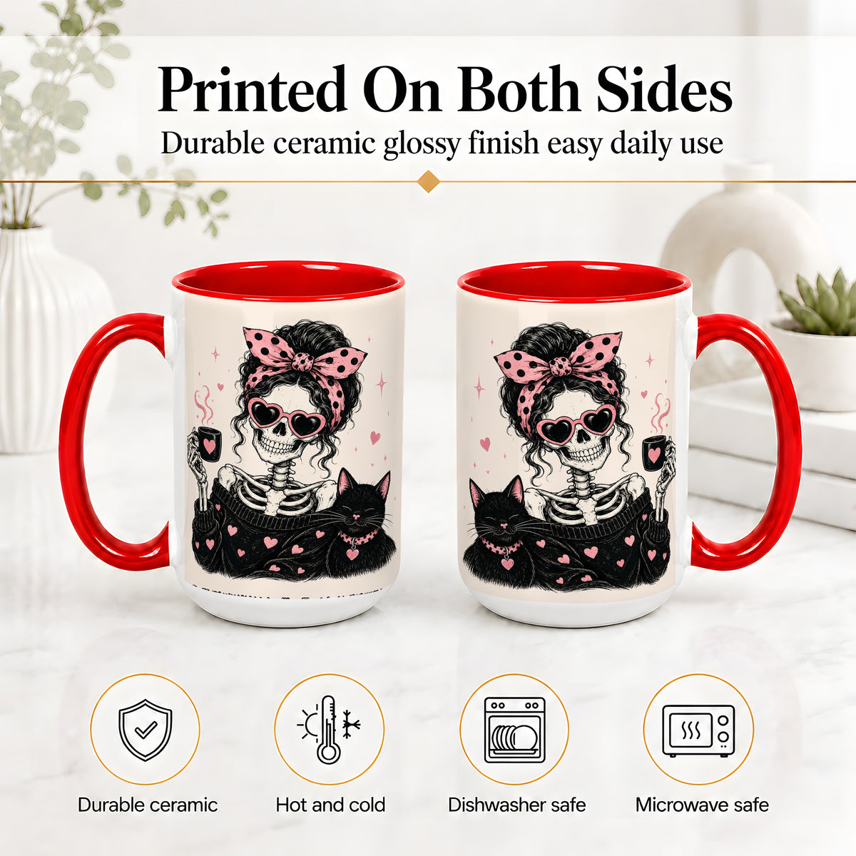 #pl[15oz|Red] Pink Skeleton Cat Ceramic Mug, Heart Glasses Coffee Artwork