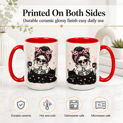#pl[15oz|Red] Pink Skeleton Cat Ceramic Mug, Heart Glasses Coffee Artwork