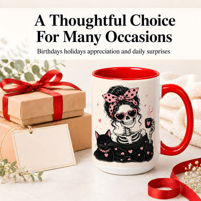 #pl[15oz|Red] Pink Skeleton Cat Ceramic Mug, Heart Glasses Coffee Artwork