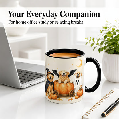#pl[11oz|Black] Halloween Golden Retriever Ceramic Mug, Costume Pumpkin Artwork