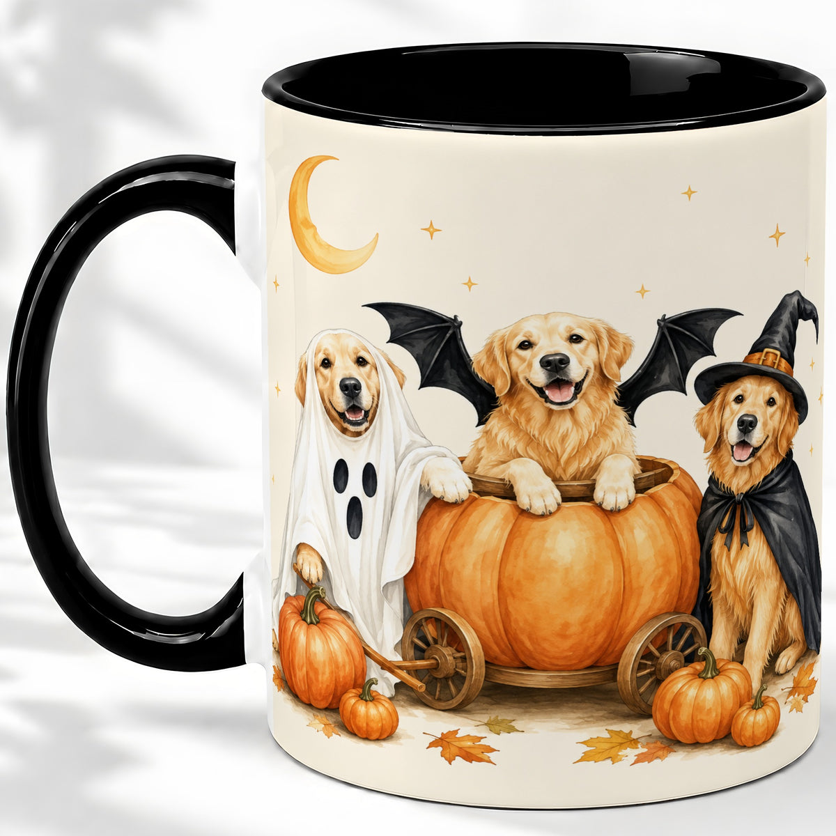 #pl[11oz|Black] Halloween Golden Retriever Ceramic Mug, Costume Pumpkin Artwork