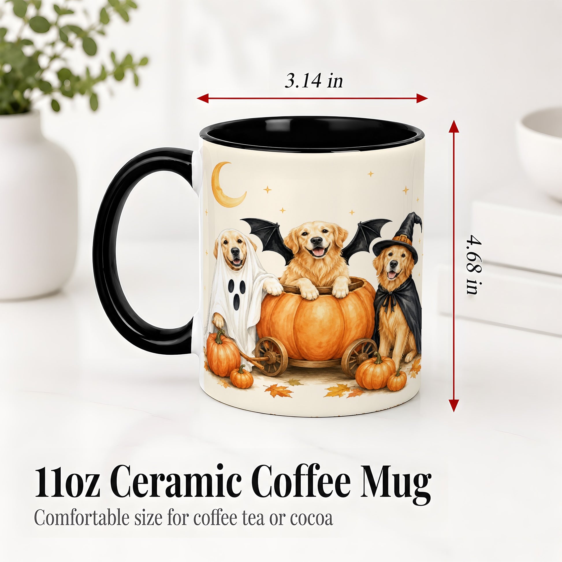 #pl[11oz|Black] Halloween Golden Retriever Ceramic Mug, Costume Pumpkin Artwork