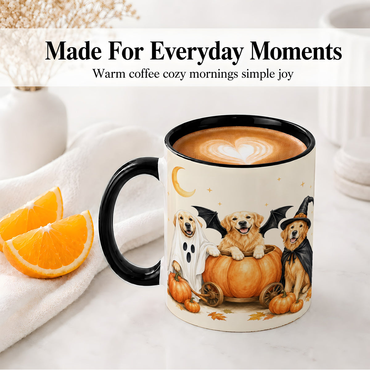 #pl[11oz|Black] Halloween Golden Retriever Ceramic Mug, Costume Pumpkin Artwork