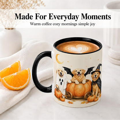 #pl[11oz|Black] Halloween Golden Retriever Ceramic Mug, Costume Pumpkin Artwork