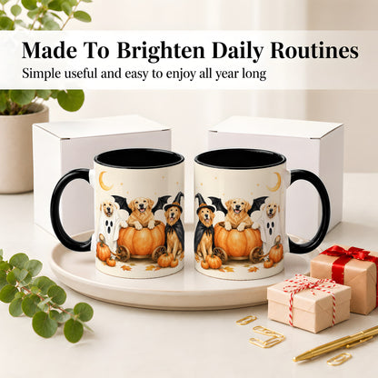 #pl[11oz|Black] Halloween Golden Retriever Ceramic Mug, Costume Pumpkin Artwork