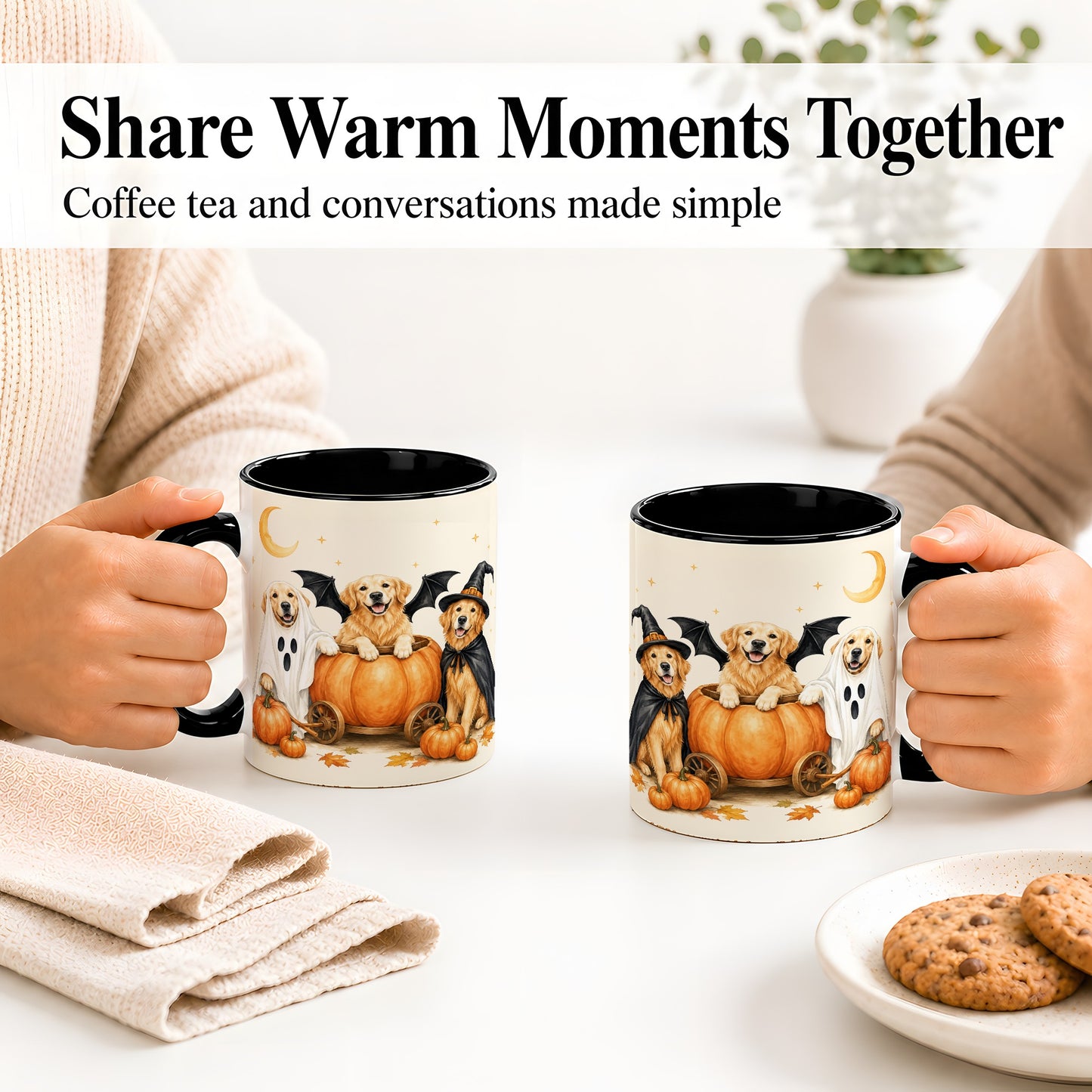 #pl[11oz|Black] Halloween Golden Retriever Ceramic Mug, Costume Pumpkin Artwork