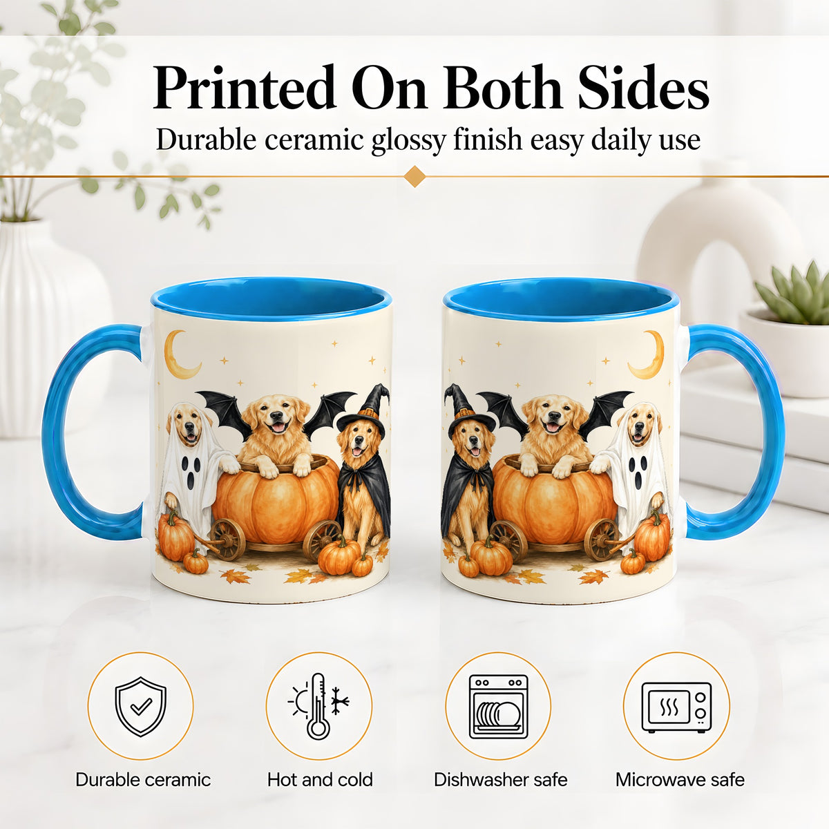 #pl[11oz|Blue] Halloween Golden Retriever Ceramic Mug, Costume Pumpkin Artwork