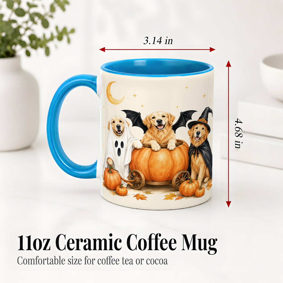 #pl[11oz|Blue] Halloween Golden Retriever Ceramic Mug, Costume Pumpkin Artwork