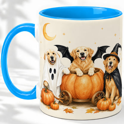 #pl[11oz|Blue] Halloween Golden Retriever Ceramic Mug, Costume Pumpkin Artwork
