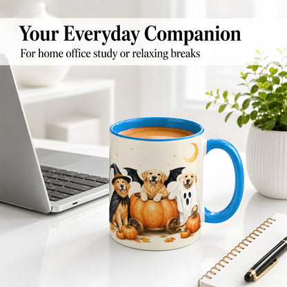 #pl[11oz|Blue] Halloween Golden Retriever Ceramic Mug, Costume Pumpkin Artwork