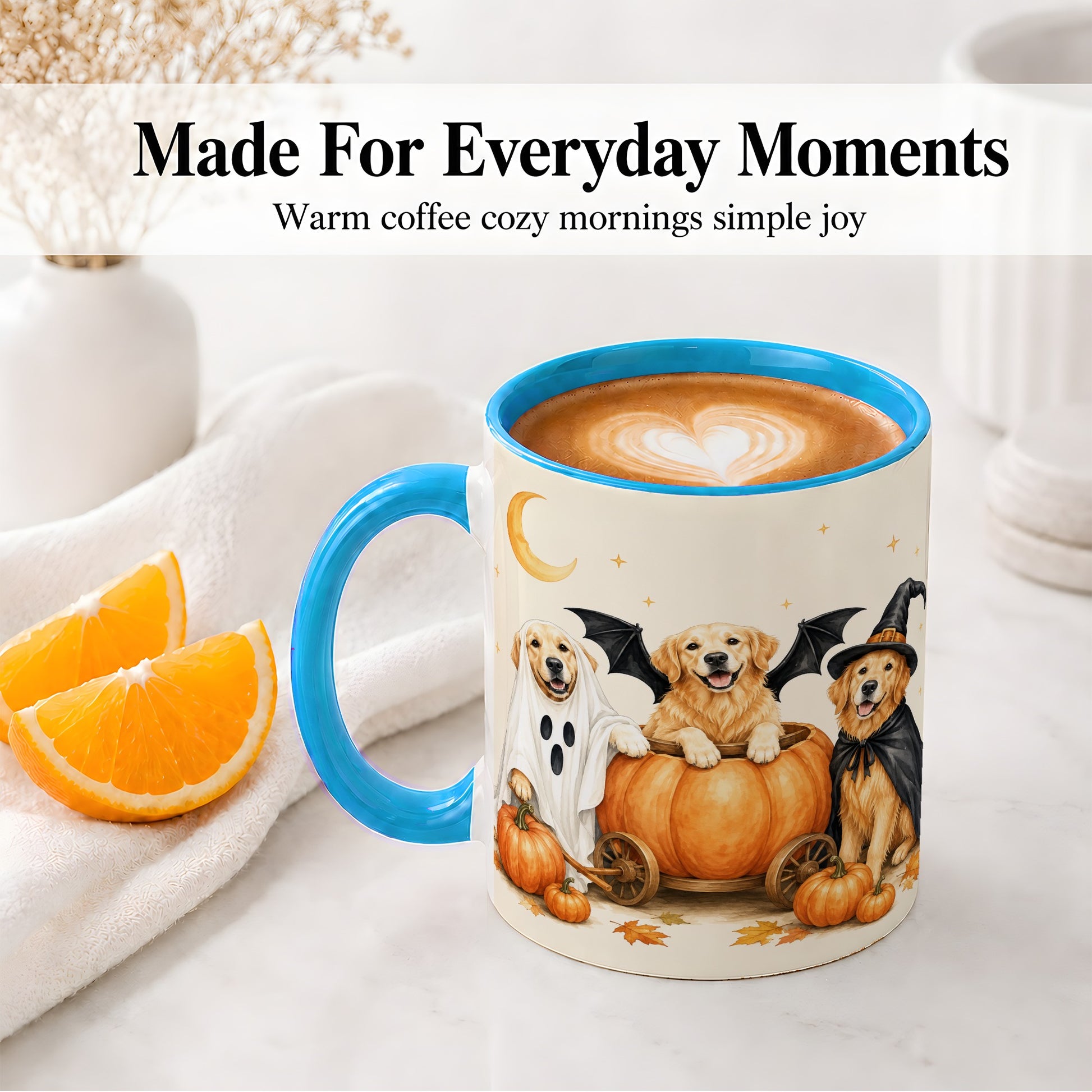 #pl[11oz|Blue] Halloween Golden Retriever Ceramic Mug, Costume Pumpkin Artwork