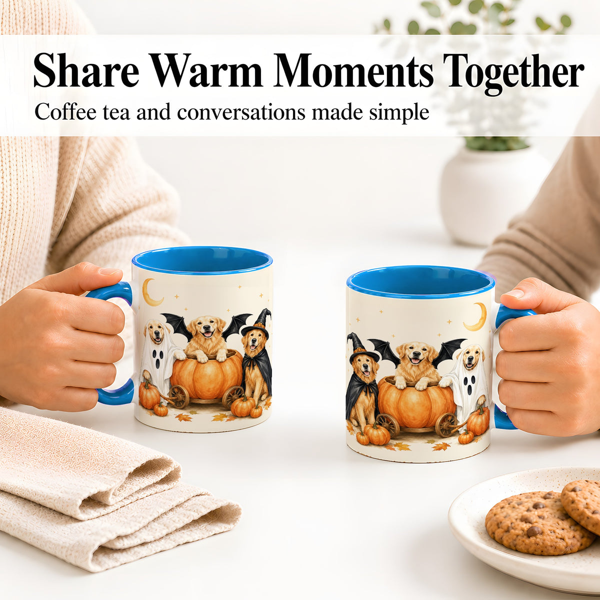 #pl[11oz|Blue] Halloween Golden Retriever Ceramic Mug, Costume Pumpkin Artwork