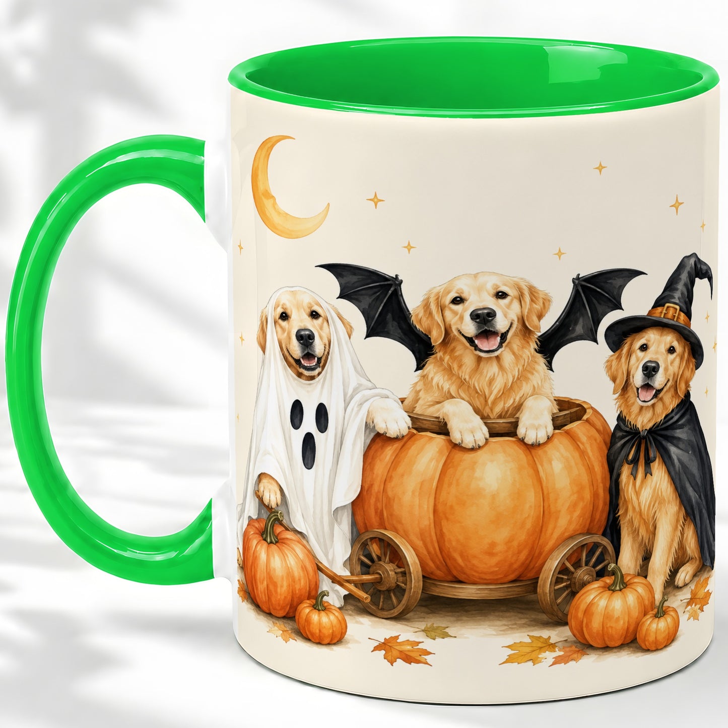 #pl[11oz|Green] Halloween Golden Retriever Ceramic Mug, Costume Pumpkin Artwork