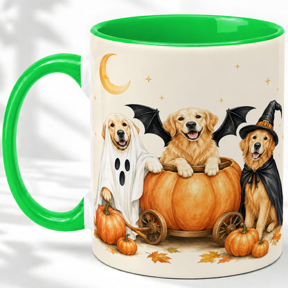 #pl[11oz|Green] Halloween Golden Retriever Ceramic Mug, Costume Pumpkin Artwork