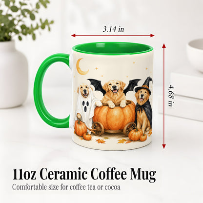 #pl[11oz|Green] Halloween Golden Retriever Ceramic Mug, Costume Pumpkin Artwork