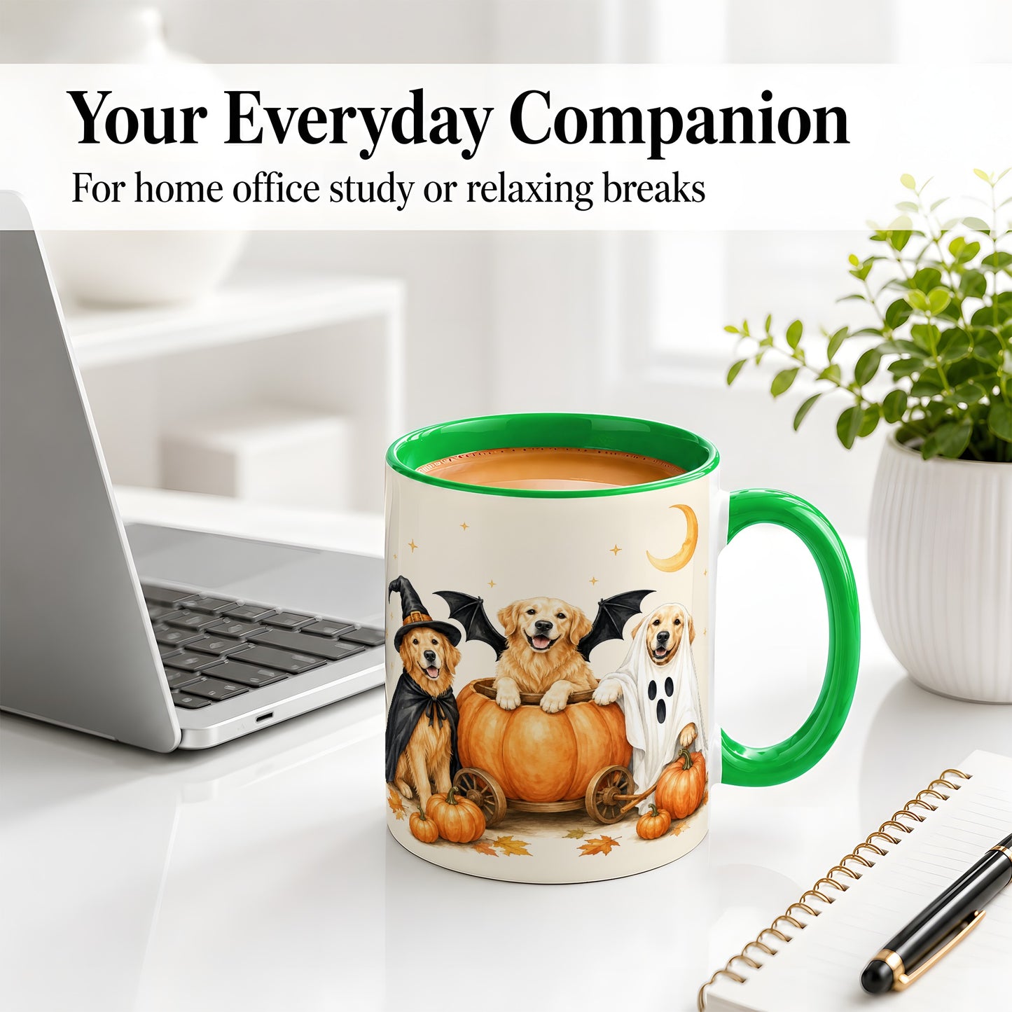 #pl[11oz|Green] Halloween Golden Retriever Ceramic Mug, Costume Pumpkin Artwork