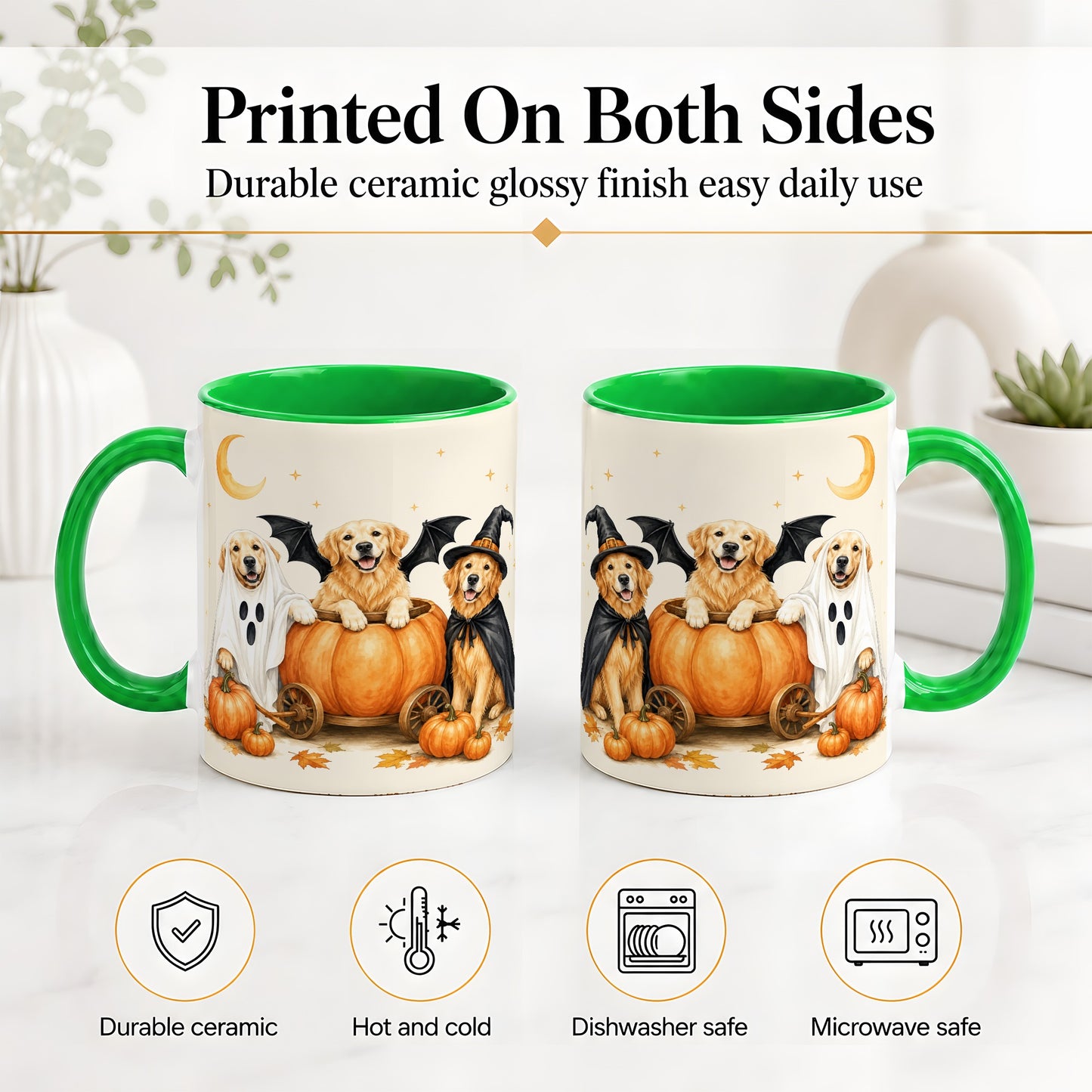 #pl[11oz|Green] Halloween Golden Retriever Ceramic Mug, Costume Pumpkin Artwork