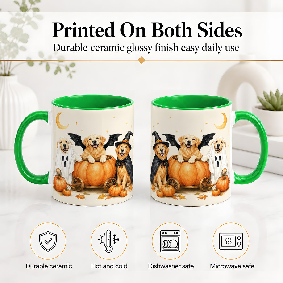 #pl[11oz|Green] Halloween Golden Retriever Ceramic Mug, Costume Pumpkin Artwork