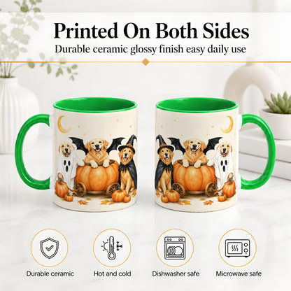 #pl[11oz|Green] Halloween Golden Retriever Ceramic Mug, Costume Pumpkin Artwork