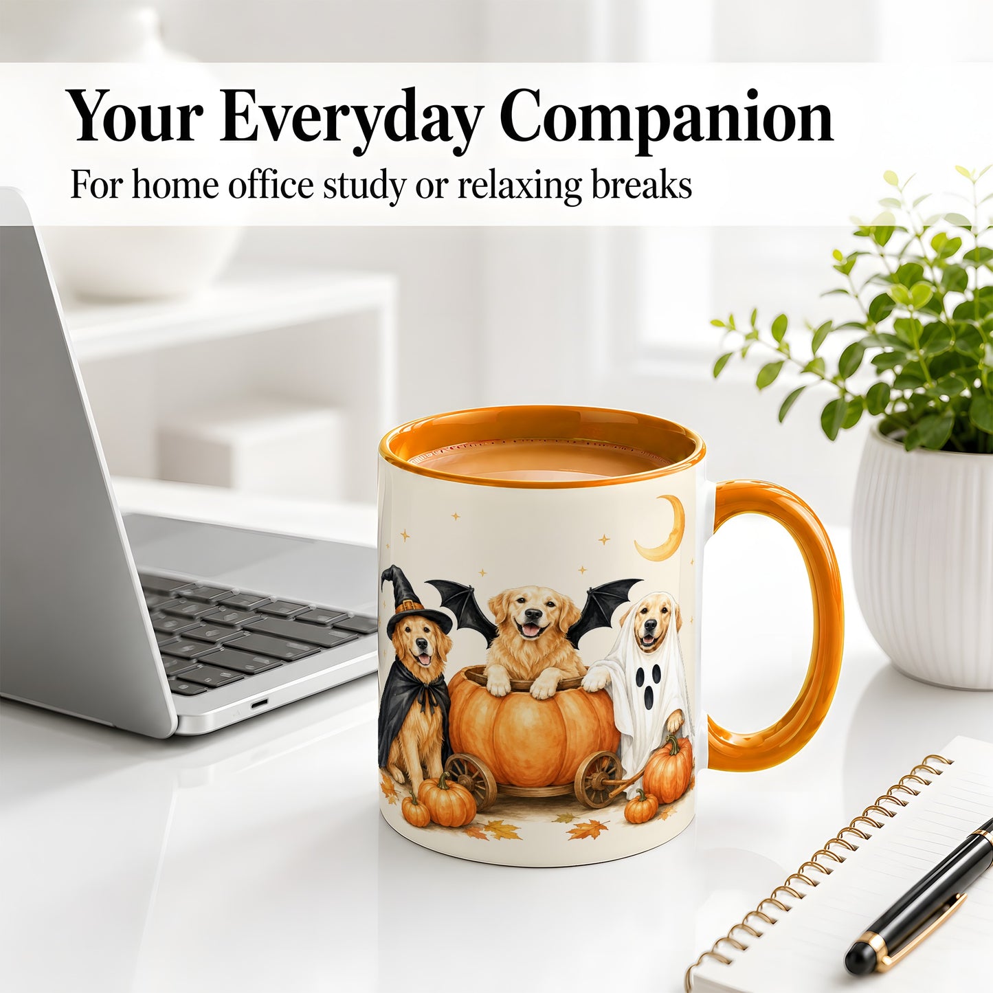 #pl[11oz|Orange] Halloween Golden Retriever Ceramic Mug, Costume Pumpkin Artwork