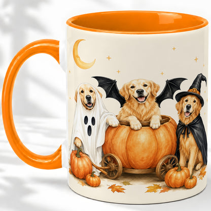 #pl[11oz|Orange] Halloween Golden Retriever Ceramic Mug, Costume Pumpkin Artwork