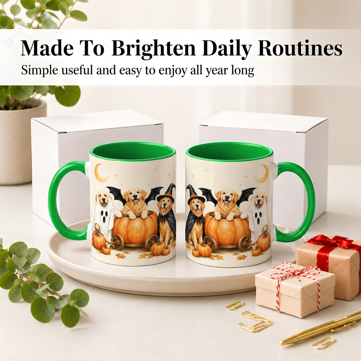#pl[11oz|Green] Halloween Golden Retriever Ceramic Mug, Costume Pumpkin Artwork