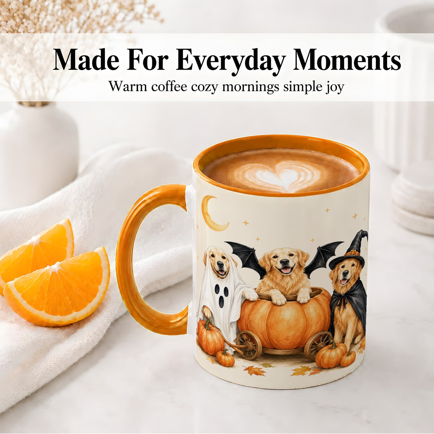 #pl[11oz|Orange] Halloween Golden Retriever Ceramic Mug, Costume Pumpkin Artwork