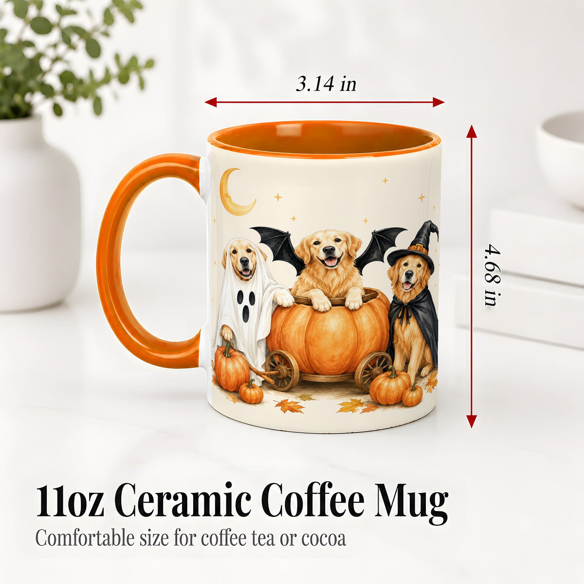 #pl[11oz|Orange] Halloween Golden Retriever Ceramic Mug, Costume Pumpkin Artwork