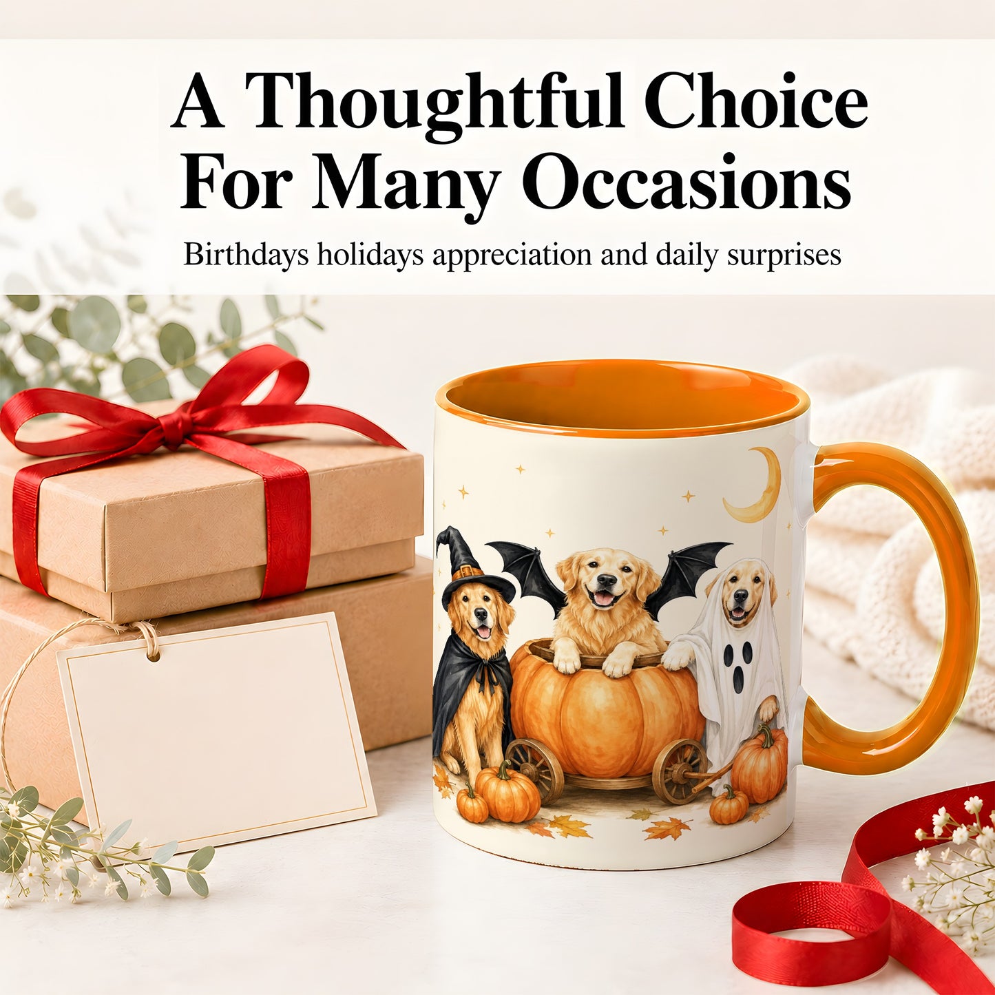 #pl[11oz|Orange] Halloween Golden Retriever Ceramic Mug, Costume Pumpkin Artwork