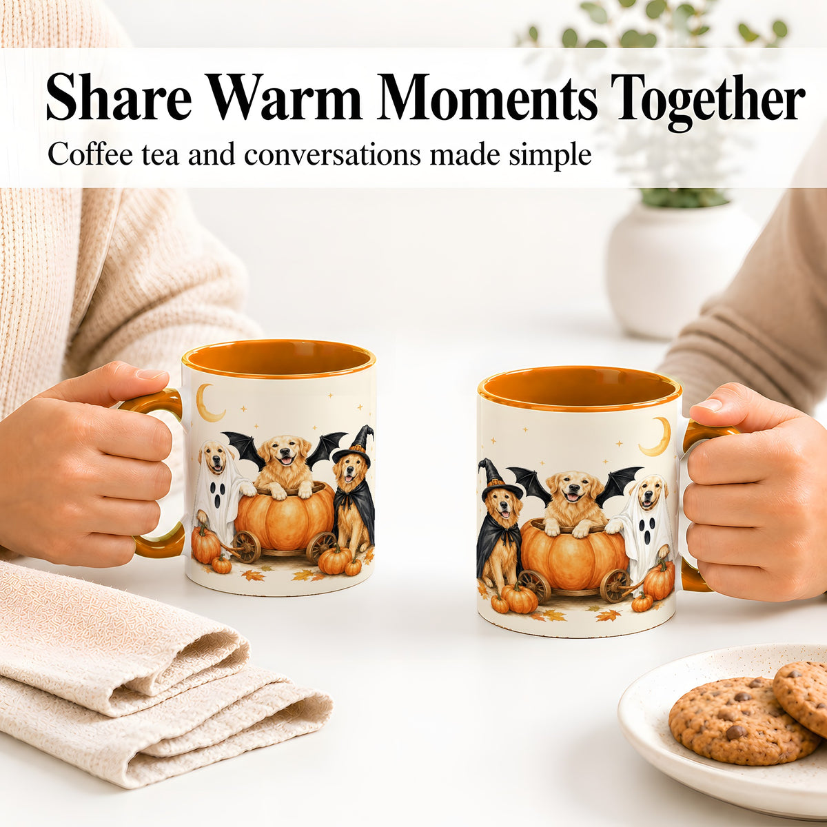 #pl[11oz|Orange] Halloween Golden Retriever Ceramic Mug, Costume Pumpkin Artwork