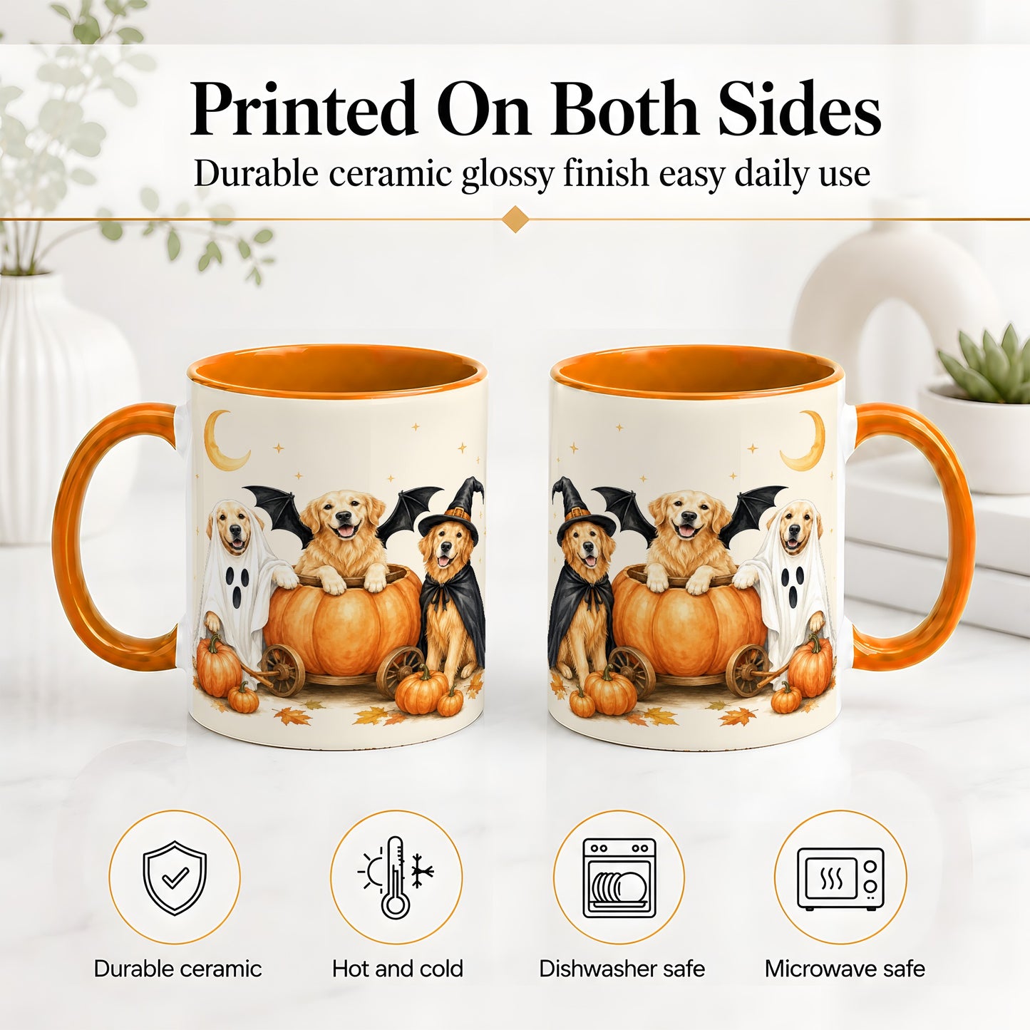#pl[11oz|Orange] Halloween Golden Retriever Ceramic Mug, Costume Pumpkin Artwork