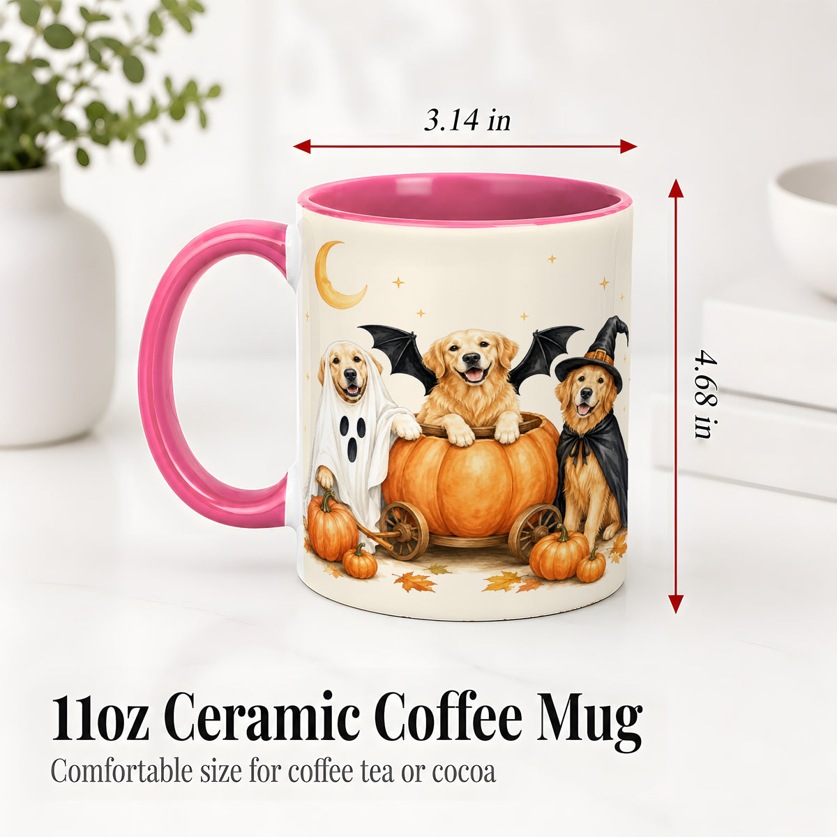 #pl[11oz|Pink] Halloween Golden Retriever Ceramic Mug, Costume Pumpkin Artwork