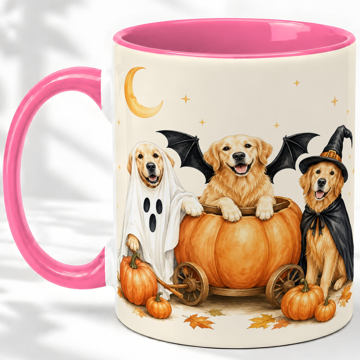 #pl[11oz|Pink] Halloween Golden Retriever Ceramic Mug, Costume Pumpkin Artwork