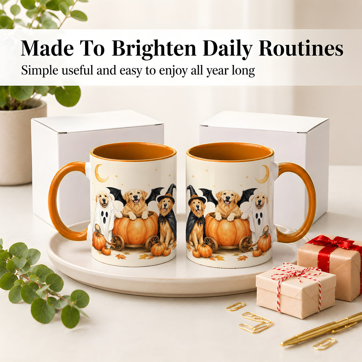 #pl[11oz|Orange] Halloween Golden Retriever Ceramic Mug, Costume Pumpkin Artwork